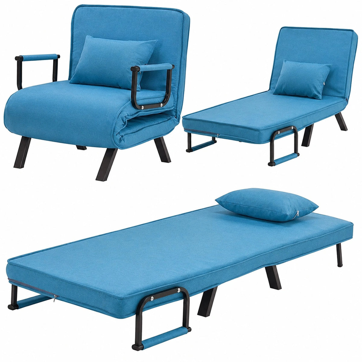 Canapé convertible, rembourré, en tissu, coloris bleu, pour le salon ou la chambre d’amis